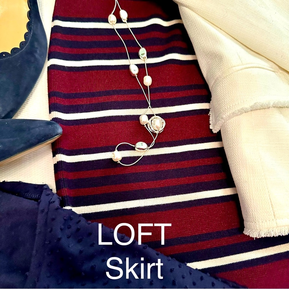 LOFT Striped Pull on Skirt, Navy Blue, Burgundy, Ivory Stripes, Size Large, NWT